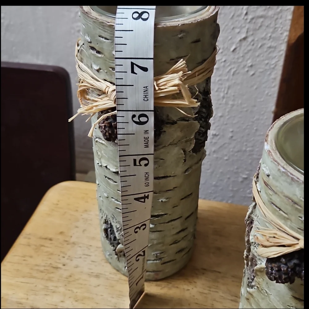 6-Pc Resin White Birch Log Votive Candle Holder Set - Holiday - Raffia Pinecones